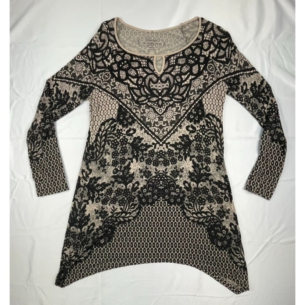 SOMA LIVE LOUNGE WEAR SLEEP SHIRT WOMENS MEDIUM BLACK BEIGE FLORAL TUNIC SOFT ST